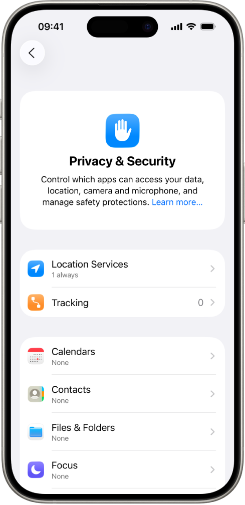 An iPhone showing the Privacy & Security screen in Settings.