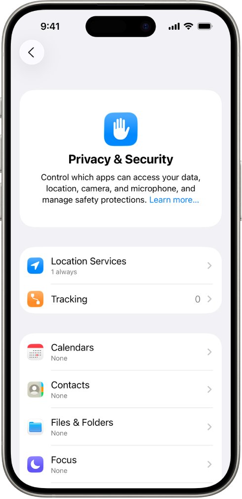 An iPhone showing the Privacy & Security screen in Settings.