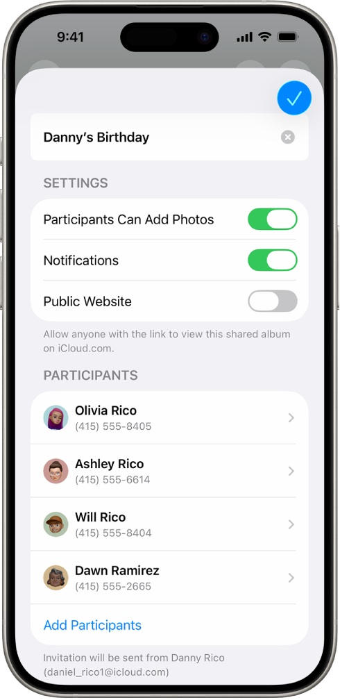 An iPhone screen showing a Shared Photos album and the people that album is shared with.