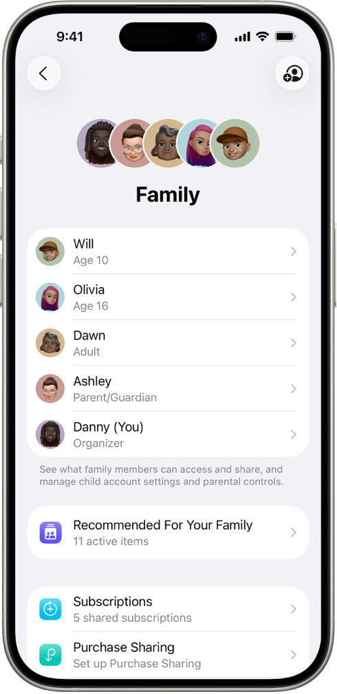 The Family Sharing screen in Settings. Five family members are listed, and four subscriptions are shared with the family.