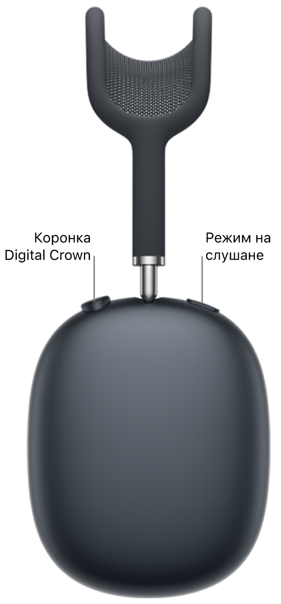 Дясната слушалка на AirPods Max 2, която показва коронката Digital Crown горе вляво на слушалката и бутона за режим на слушане горе вдясно.