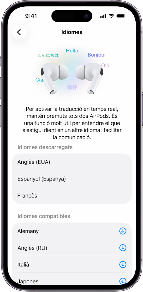 A la configuració de l’app Traducció dels AirPods es mostra una llista dels idiomes descarregats i compatibles.