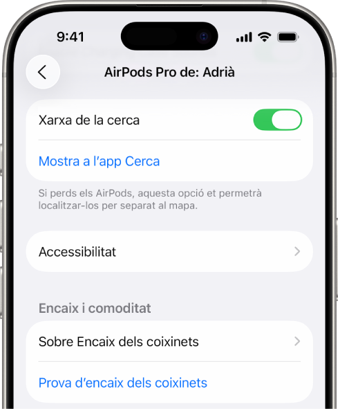 Configuració del Bluetooth en un iPhone que mostra opcions per als AirPods Pro. L’opció “Xarxa de la cerca” està activada, cosa que permet localitzar els AirPods individualment en un mapa si es perden.