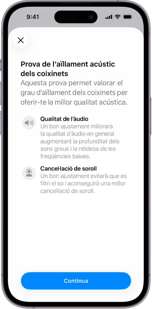 A la pantalla d’un iPhone es mostra una prova per mesurar l’aïllament acústic dels AirPods Pro 3.