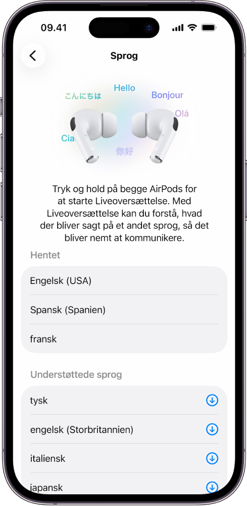 Skærmen Sprog i indstillerne til oversættelse med AirPods viser en liste over hentede og understøttede sprog.