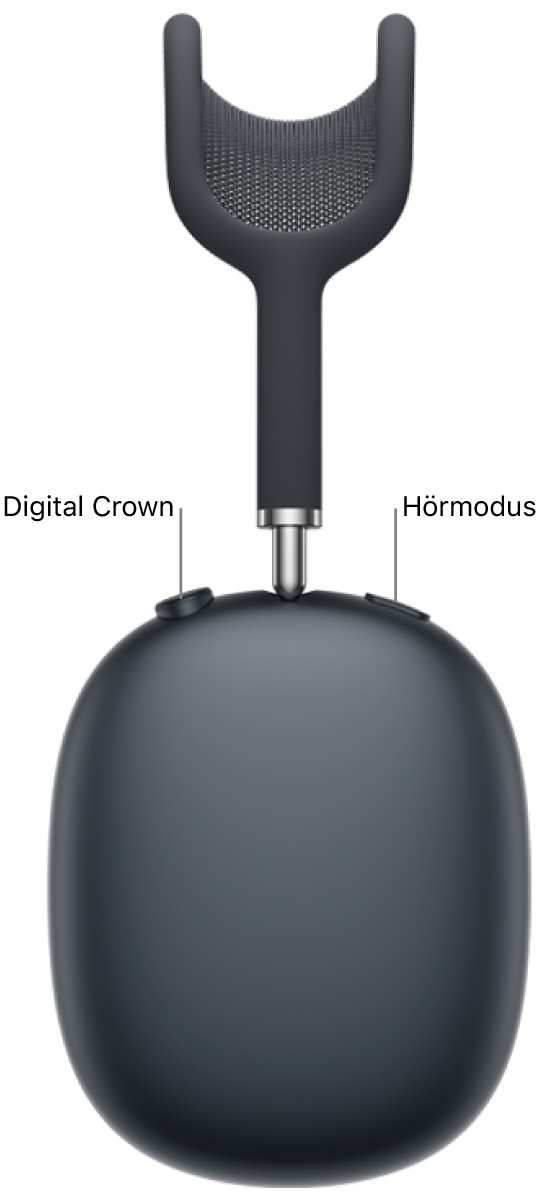 Der rechte Kopfhörer der AirPods Max 2 mit der Digital Crown oben links und der Taste „Hörmodus“ oben rechts.