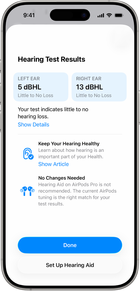 Hearing Test results on iPhone, showing little to no hearing loss in both ears. At the bottom are options to tap Done or set up Hearing Aid.