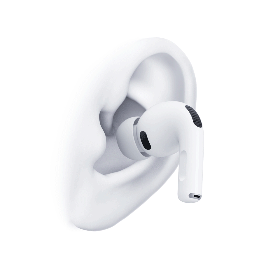 Animación de cómo se ponen los AirPods Pro 3 en la oreja, para que haya un buen contacto con el sensor de frecuencia cardiaca.