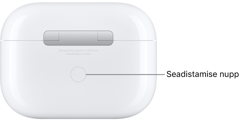 AirPods Pro laadimisümbrise tagakülje keskosas olev seadistamise nupp.