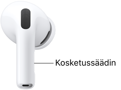 AirPods Pro 3 -kuulokkeiden kosketussäätimen kohta AirPods-kuulokkeiden varressa.