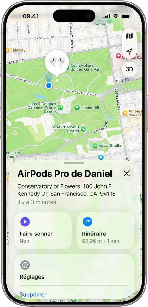 Un écran dans l’app Localiser sur un iPhone. La position des AirPods est affichée sur un plan de San&nbsp;Francisco avec une adresse et les options Faire sonner et Itinéraire.
