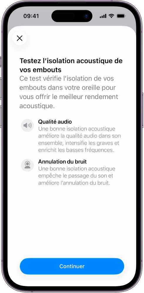 Un écran d’iPhone affichant un test pour mesurer l’isolation acoustique des AirPods Pro 3.