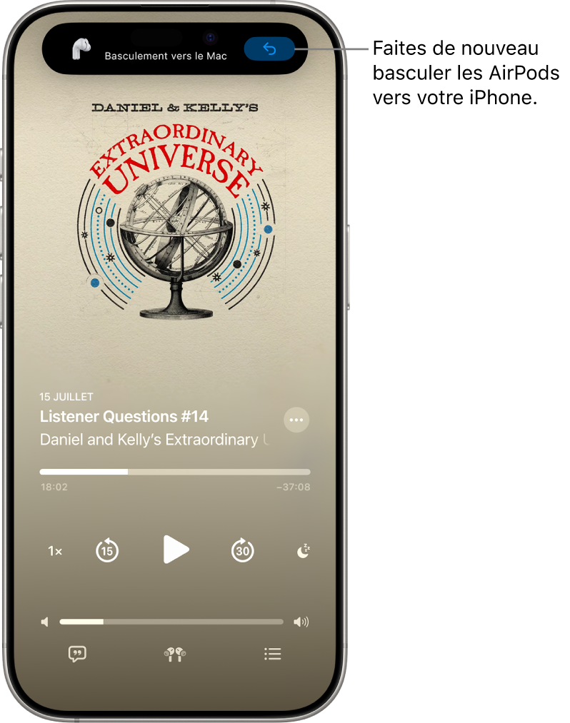 L’écran verrouillé de l’iPhone avec en haut le message « Basculement vers le Mac » et un bouton permettant de rétablir la connexion des AirPods avec l’iPhone.