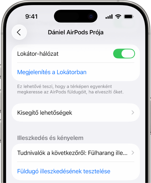 Bluetooth-beállítások egy iPhone-on az AirPods Próhoz elérhető opciókkal. A Lokátor-hálózat funkció be van kapcsolva, amely segítségével egyenként is megkeresheti az elveszett fülhallgatót a térképen.