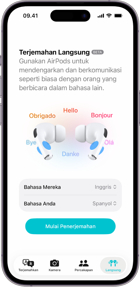 App Terjemahkan di iPhone menampilkan layar Terjemahan Langsung. Layar menampilkan dua menu pop-up untuk memilih bahasa orang lain dan bahasa Anda, serta tombol untuk memulai Terjemahan Langsung.