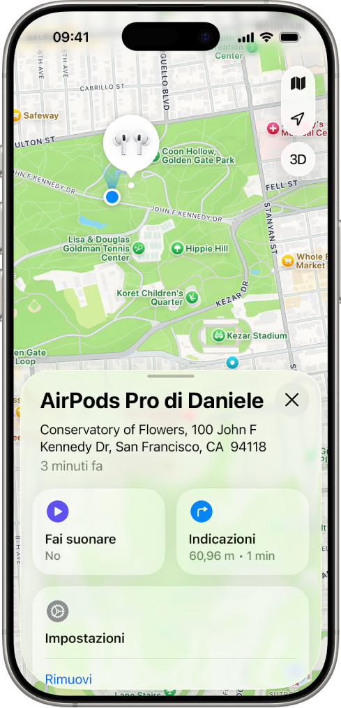 Una schermata dell’app Dov’è su iPhone. La posizione degli AirPods viene visualizzata su una mappa di San Francisco con un indirizzo e le opzioni “Fai suonare” e Indicazioni.