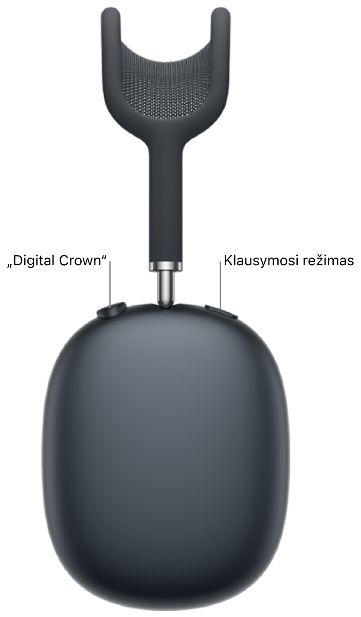 Dešiniosios „AirPods Max 2“ ausinėse viršuje kairėje rodomas „Digital Crown“, o viršuje dešinėje – klausymosi režimo mygtukas.