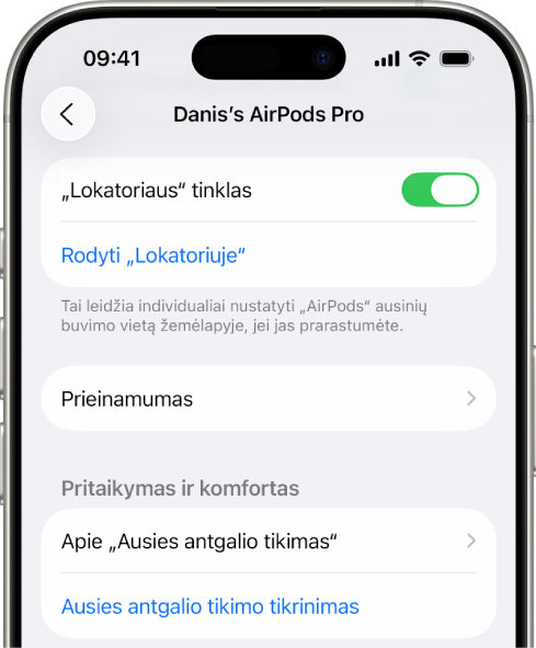 „Bluetooth“ nustatymai „iPhone“ ekrane: rodomos „AirPods Pro“ parinktys. Parinktis „Lokatoriaus tinklas“ įjungta, todėl „AirPods“ galima rasti žemėlapyje, kad ir kur jos būtų pamestos.