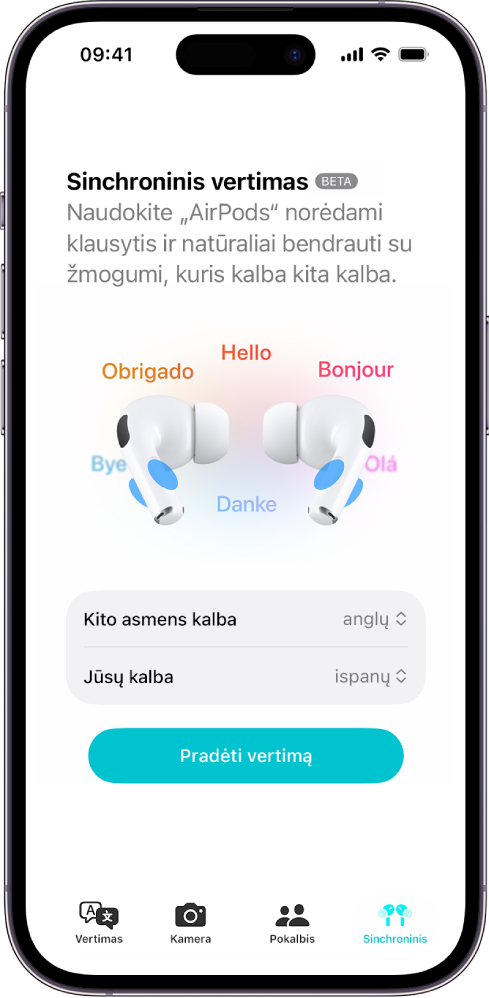 „iPhone“ programoje „Vertimas“ rodomas sinchroninio vertimo ekranas. Ekrane rodomi du iškylantieji meniu, kuriuose galima pasirinkti kito asmens kalbą ir savo kalbą, taip pat mygtukas „Sinchroninis vertimas“ vertimui pradėti.