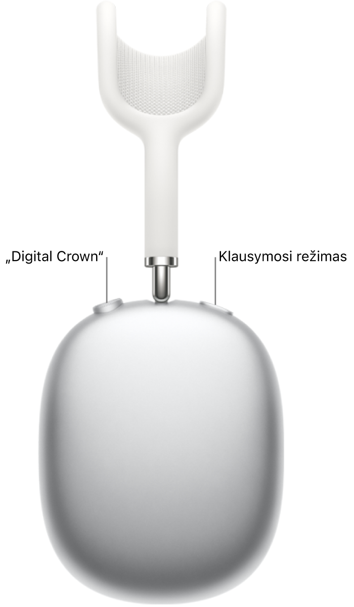 Dešiniosios „AirPods Max 1“ ausinėse viršuje kairėje rodomas „Digital Crown“, o viršuje dešinėje – klausymosi režimo mygtukas.
