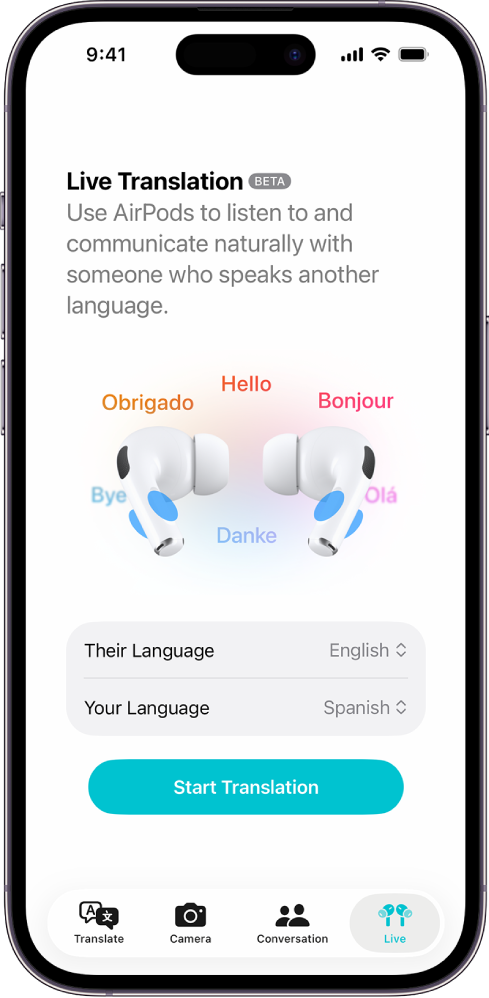 Lietotne Translate iPhone tālrunī ar ekrānu Live Translation. Ekrānā tiek parādītas divas uznirstošās izvēlnes, lai izvēlētos otras personas valodu un savu valodu, kā arī poga, lai sāktu funkciju Live Translation.