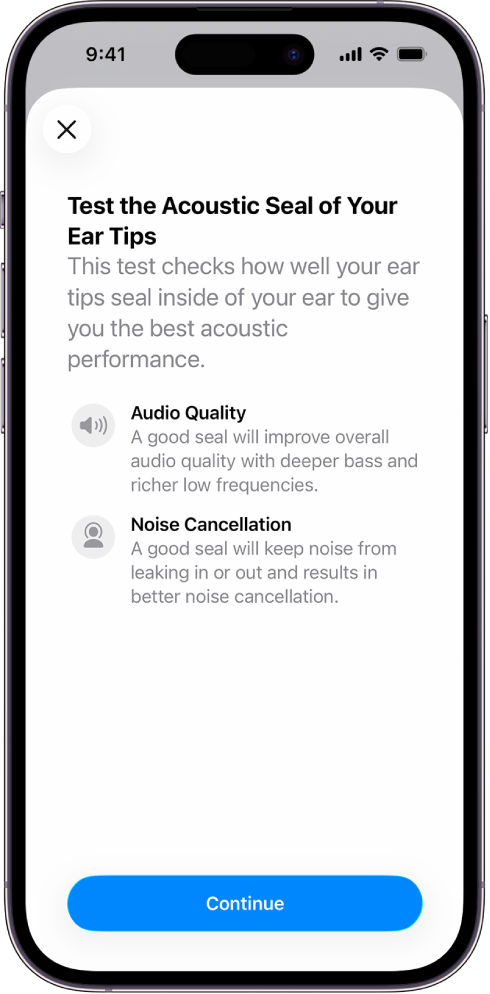 iPhone tālruņa ekrāns, kurā redzams tests AirPods Pro 3 austiņu skaņas izolācijas noteikšanai.