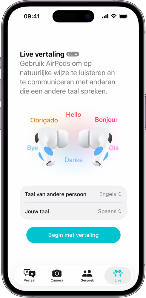 De Vertaal-app op de iPhone met het scherm 'Live vertaling'. Op het scherm staan twee pop‑upmenu's waarin je de taal van de andere persoon en je eigen taal kunt kiezen, en een knop om live vertaling te starten.