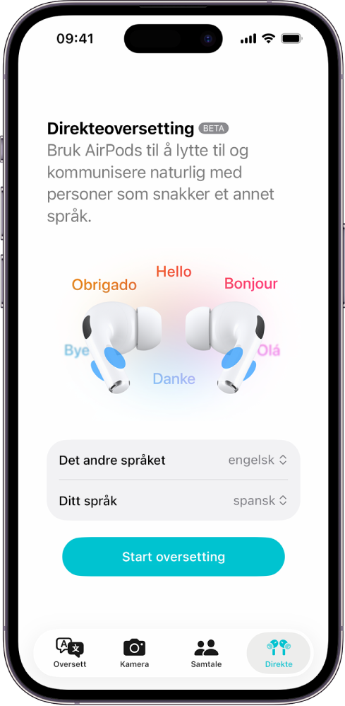Oversett-appen på iPhone viser Direkteoversetting-skjermen. To lokalmenyer vises for å velge ditt språk og den andre personens språk, og en knapp for å starte Direkteoversetting vises.