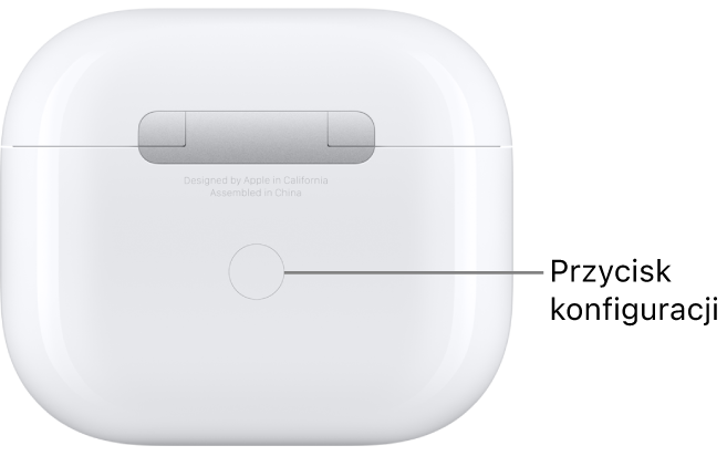 Przycisk konfiguracji na środku tylnej części etui ładującego słuchawek AirPods 3.