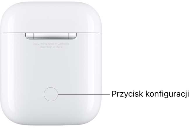 Przycisk konfiguracji na środku tylnej części etui ładującego słuchawek AirPods 1 i 2.