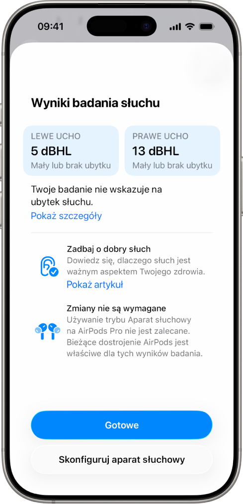 Wyniki badania słuchu na iPhonie pokazujące niewielki lub żaden ubytek słuchu w obu uszach. Na dole znajduje się przycisk Gotowe oraz przycisk umożliwiający skonfigurowanie funkcji Aparat słuchowy.
