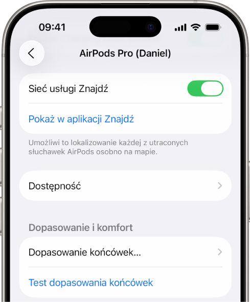 Ustawienia Bluetooth na iPhonie, zawierające opcje dotyczące słuchawek AirPods Pro. Opcja Sieć usługi Znajdź jest włączona, co pozwala na lokalizację na mapie każdej zgubionej słuchawki AirPods oddzielnie.