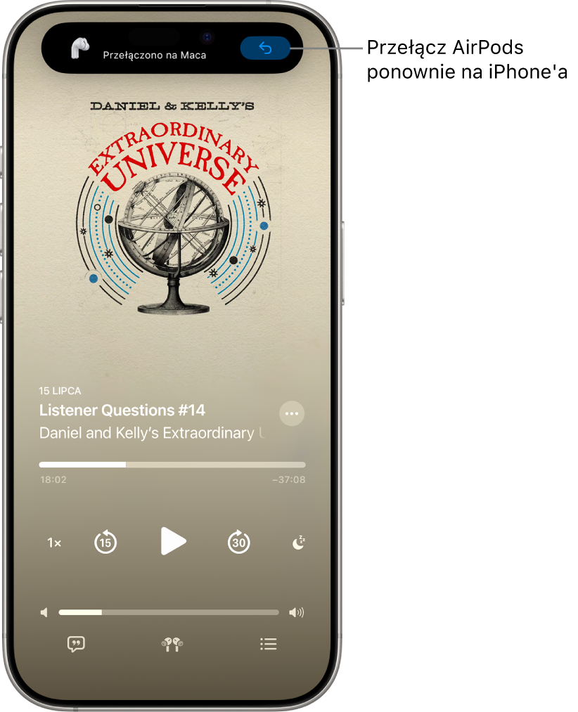 Ekran blokady na iPhonie z komunikatem u góry Przełączono na Maca i przyciskiem do przełączenia słuchawek AirPods z powrotem na iPhone’a.