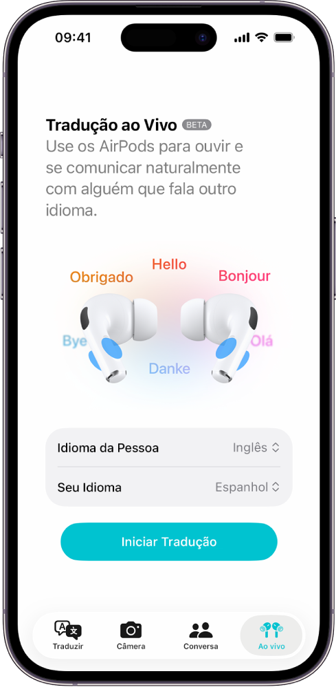 O app Traduzir no iPhone mostrando a tela Tradução ao Vivo. A tela apresenta dois menus pop-up, para escolha do idioma da outra pessoa e do seu idioma, e um botão para iniciar a Tradução ao Vivo.