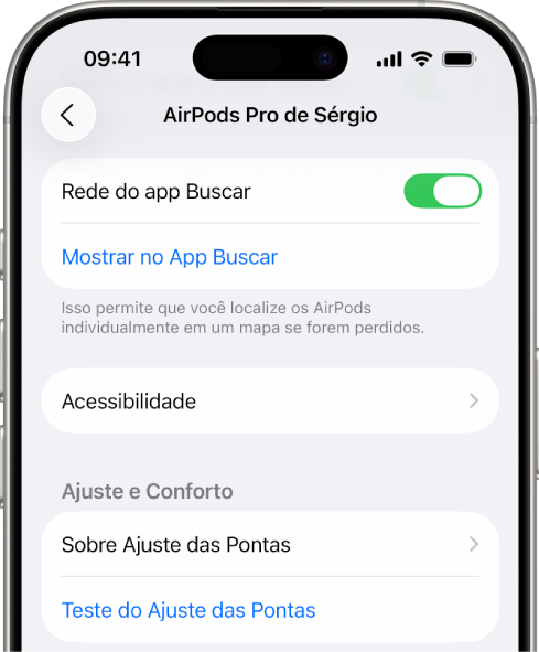 Ajustes de Bluetooth em um iPhone mostrando opções para os AirPods Pro. A opção “Rede do app Buscar” está ativada, o que permite que os AirPods sejam localizados individualmente em um mapa sempre que estiverem perdidos.