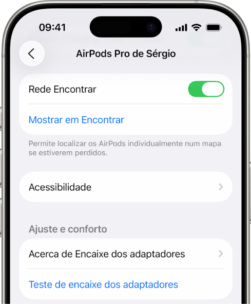 As definições de Bluetooth de um iPhone a mostrar as opções dos AirPods Pro. A opção Rede “Encontrar” está ativada, o que permite localizar individualmente os AirPods num mapa quando estiverem perdidos.