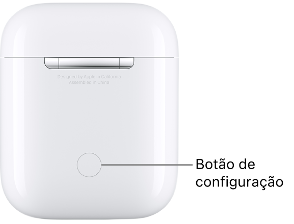 O botão de configuração ao centro, na parte posterior da caixa de carregamento dos AirPods 1 e 2.