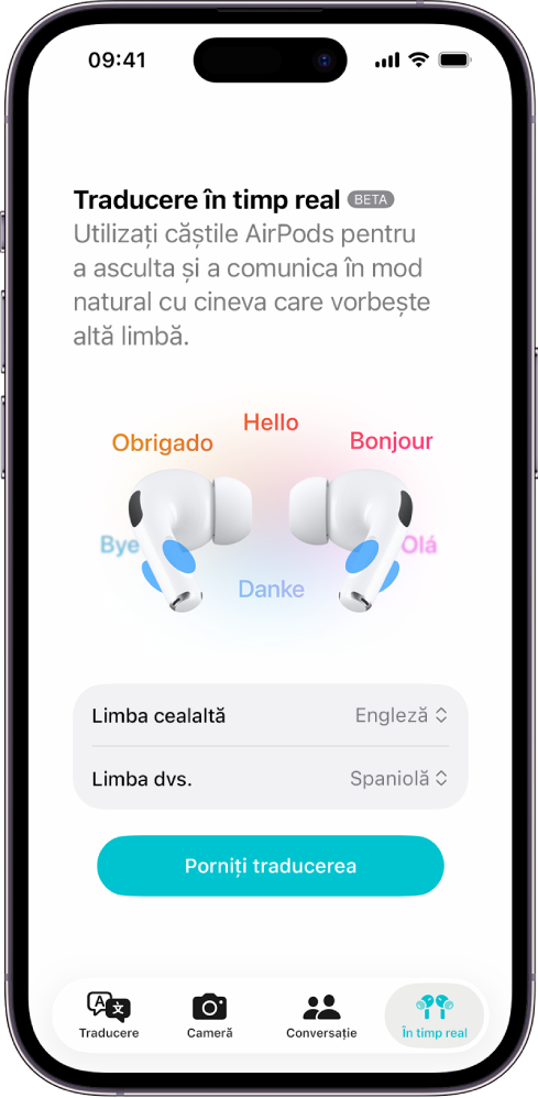Aplicația Traducere de pe iPhone afișând ecranul „Traducere în timp real”. Ecranul prezintă două meniuri pop-up pentru alegerea limbii vorbite de cealaltă persoană și a limbii dvs. și un buton pentru a începe traducerea în timp real.