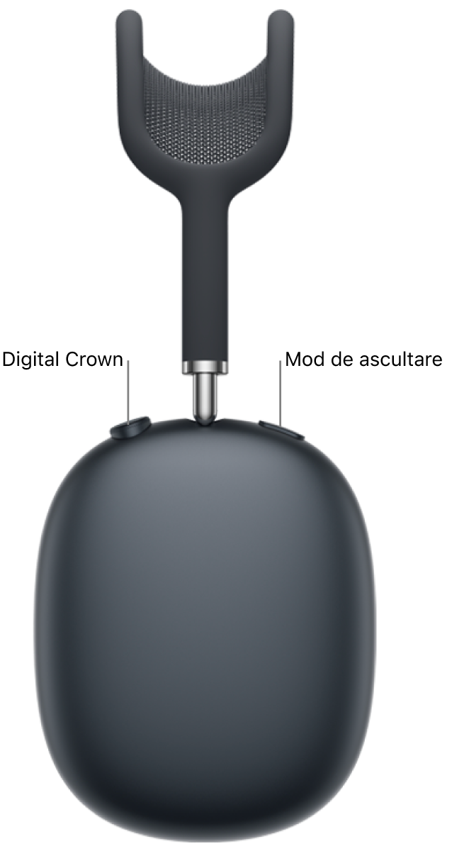 Casca dreaptă de pe AirPods Max 2 afișând coroana Digital Crown în partea din stânga sus a căștii audio și butonul de selectare a modului de ascultare în partea din dreapta sus.