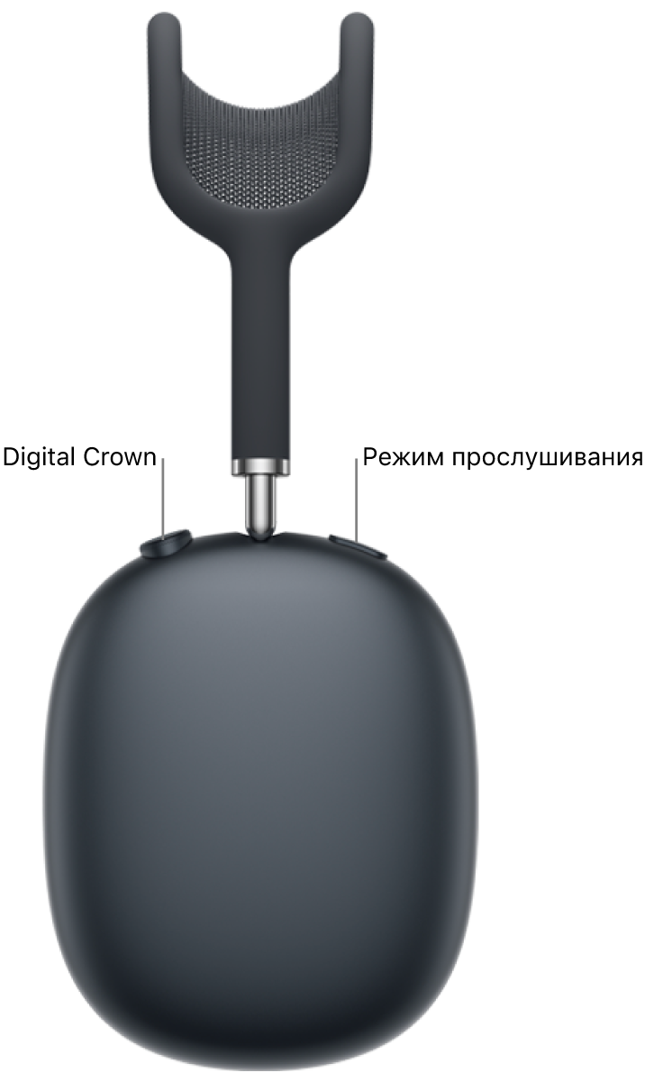 Показан правый наушник AirPods Max 2, колесико Digital Crown в левой верхней части наушника и кнопка управления режимом прослушивания в правой верхней части наушника.