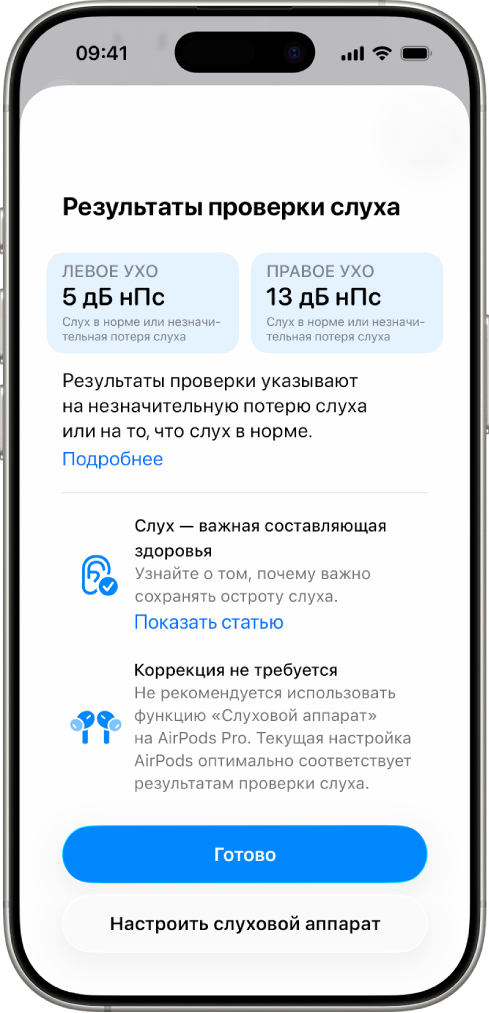 На iPhone открыты результаты проверки слуха, показывающие отсутствие нарушений или незначительную потерю слуха в обоих ушах. Внизу экрана доступны кнопки «Готово» и «Настроить слуховой аппарат».