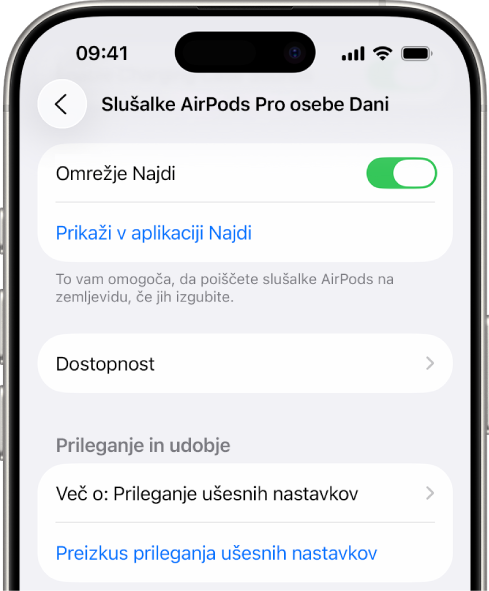 Nastavitve Bluetooth v iPhonu, ki prikazujejo možnosti slušalk AirPods Pro. Vklopljena je možnost omrežja Najdi, ki omogoča, da najdete posamične slušalke AirPods na zemljevidu, kadar koli se izgubijo.