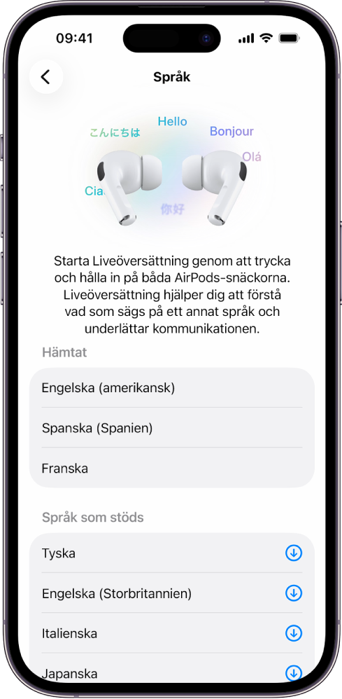 Språkskärmen i inställningarna för AirPods-översättning visar en lista med språk som har hämtats och stöds.