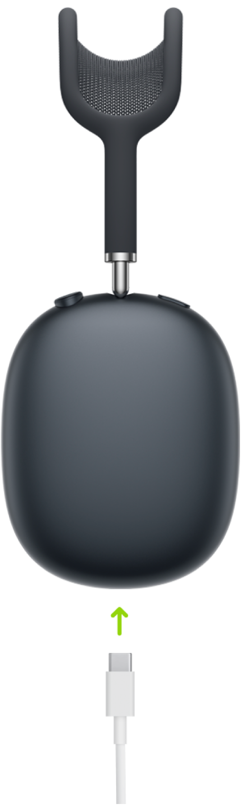 AirPods Max 2’nin sağ kulaklığının en altına bağlanan bir USB-C şarj kablosu.