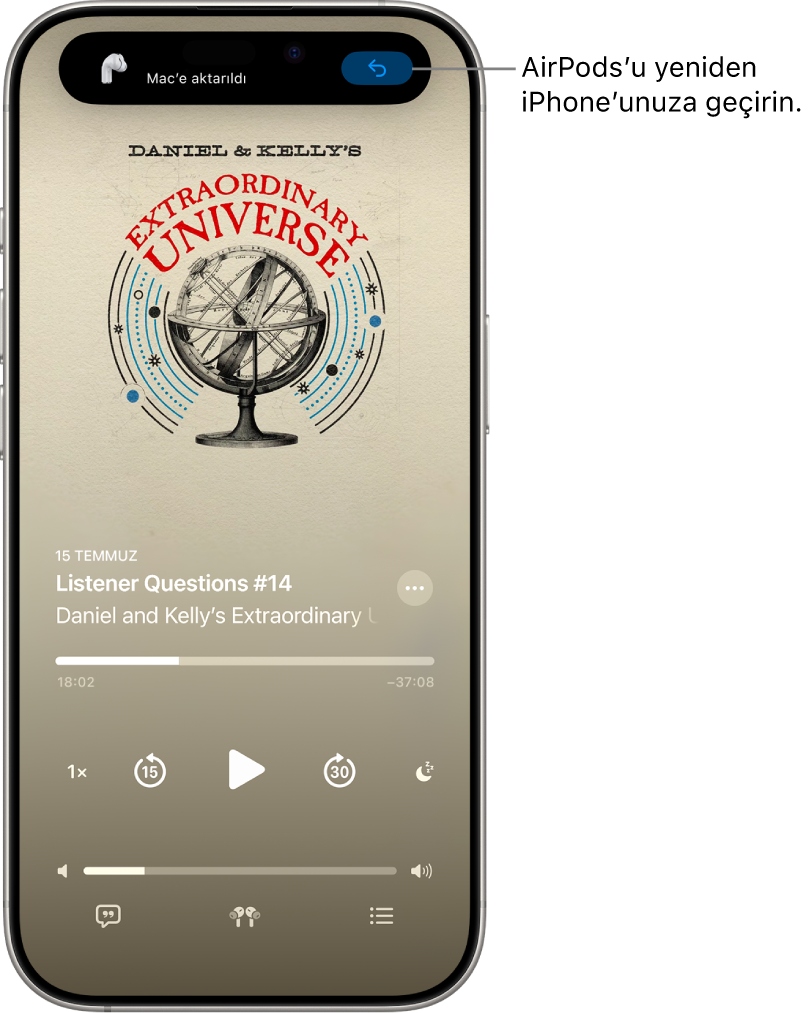 En üstte “Mac’e aktarıldı” yazan bir mesaj ve AirPods’u yeniden iPhone’a aktarma düğmesiyle iPhone’daki kilitli ekran.