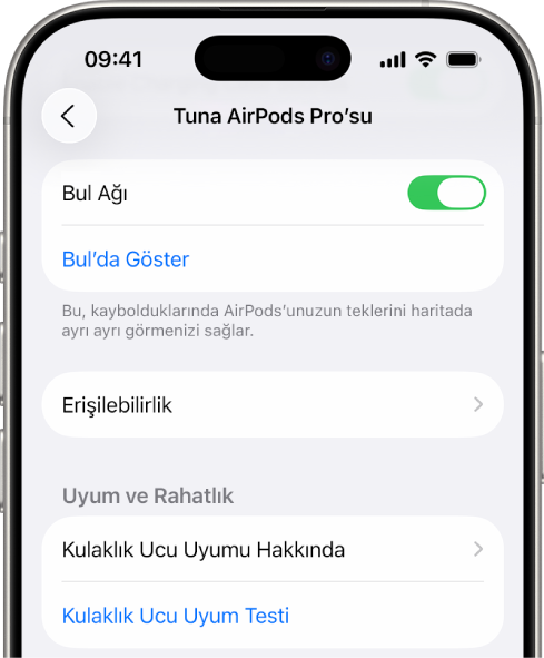 iPhone’da AirPods Pro seçeneklerini gösteren Bluetooth ayarları. AirPods kaybolduğunda kulaklıkların bir haritada tek tek bulunmasına izin veren Bul ağı seçeneği açık.
