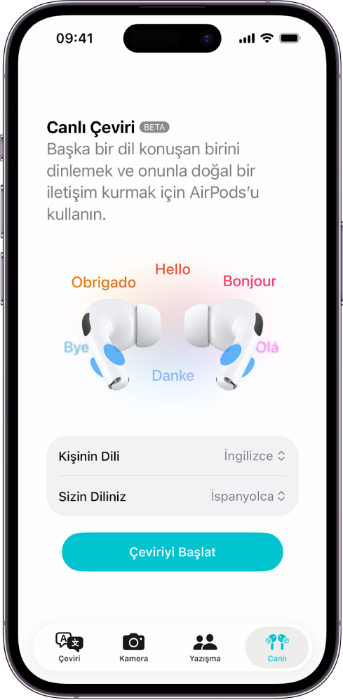 iPhone’da Canlı Çeviri ekranını gösteren Çeviri uygulaması. Ekranda, diğer kişinin dilini ve kendi dilinizi seçmeniz için iki açılır menü ve Canlı Çeviri’yi başlatma düğmesi gösteriliyor.