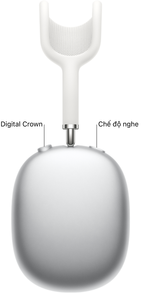 Tai nghe bên phải trên AirPods Max 1, đang hiển thị Digital Crown ở trên cùng bên trái của tai nghe và nút chế độ nghe ở trên cùng bên phải.