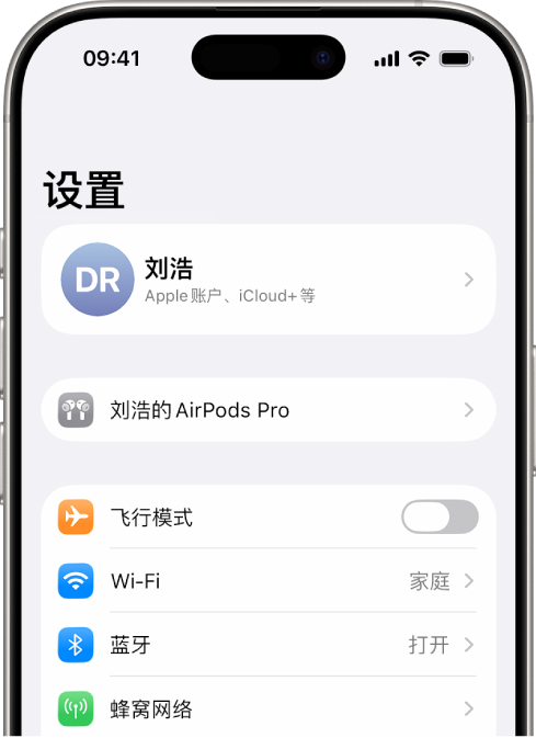 iPhone 上的“设置” App，屏幕顶部列出了用户连接的 AirPods。