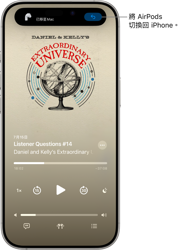 iPhone 的鎖定畫面最上方顯示「已移至 Mac」的訊息以及將 AirPods 切換回 iPhone 的按鈕。